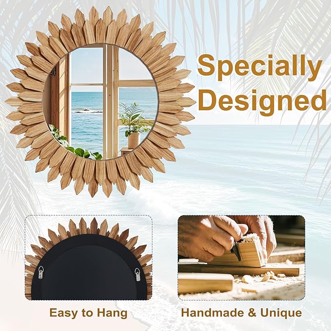 24 Inch Brown Boho Wall Decor Sunburst Mirror - Round Wooden Wall Decor, Handmade Rustic Circular Mirror for Living Room, Bedroom, Entryway, Office
