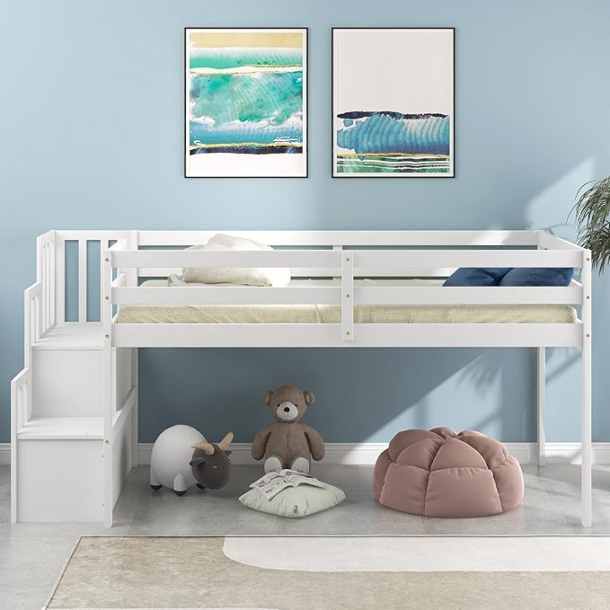 HomSof Loft Bed with Stairs and Storage,White