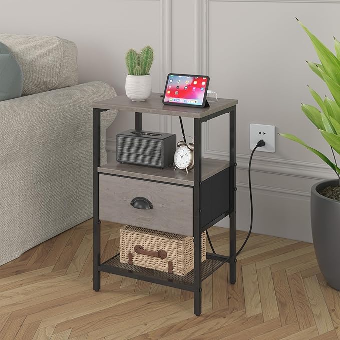 Nightstands Set of 2, Night Stands with Charging Station and Fabric Drawer, Grey Bedside Tables with Drawer, 2- Tier Side Table with Storage, Nightstands with Charging Station,Grey