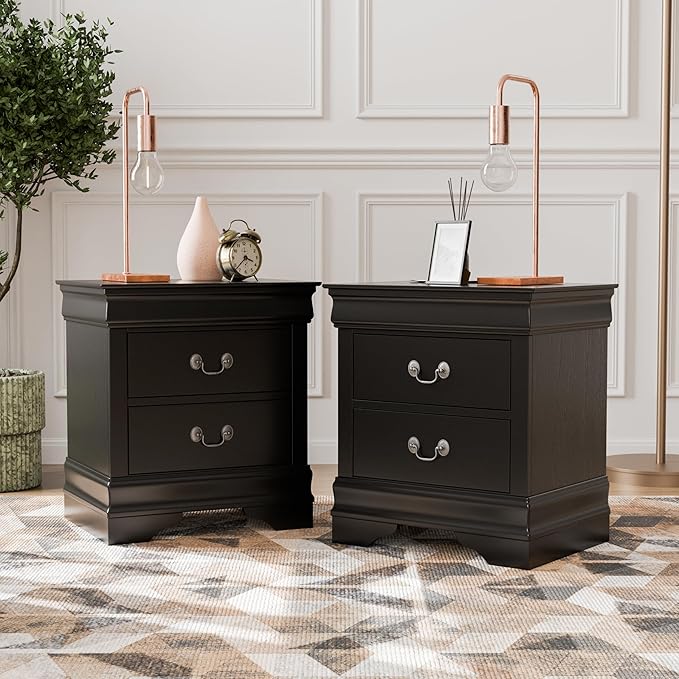 Furniture of America Arabella Traditional Solid Wood Nightstands Set of 2, Bedside Table with Drawers and Antique Nickle Handles, No Assembly Wooden Night Stands for Bedrooms, Guest Room, Dorm, Black