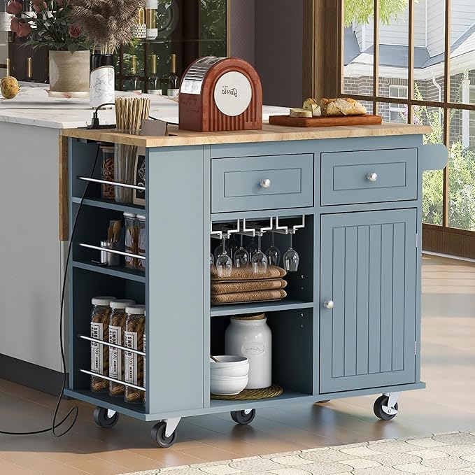 Merax Rubber Wood Kitchen Island with Adjustable Storage, Rolling Kitchen Storage Cart with Drop Leaf, Open Storage, Wine Rack, 5 Wheels for Home, Kitchen, Dining Room, Blue