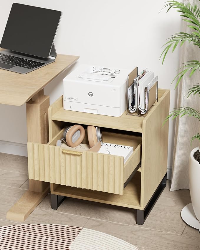 Fluted Night Stand Set 2 with Charging Station, Wood Nightstand with Large Drawer and Open Storage Cabinet, Mid-Century Modern Bedside Table End Table for Bedroom Closet Office