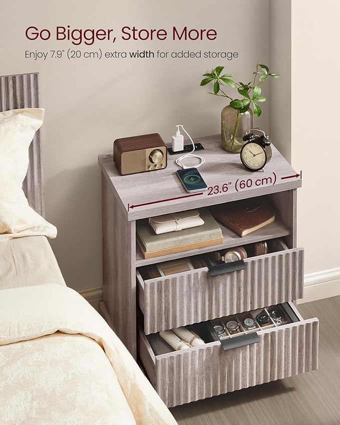 VASAGLE MAXE Collection - Nightstand with Charging Station, Bedside Table, Side End Table with 2 Drawers, Open Shelf, 2 AC Outlets, 2 USB Ports, Transitional, for Bedroom, Washed Gray ULET626G01S