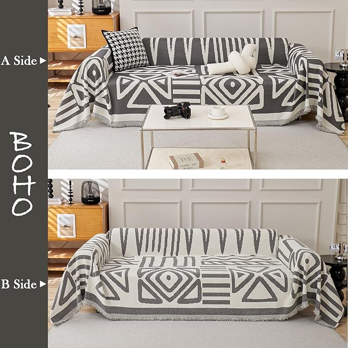 HANDONTIME Reversible Sofa Cover Boho Geometric Couch Cover for Dogs Dark Grey Couches Covers Washable Chenille Couch Covers for 3 Cushion Couch Pet Friendly Furniture Protector for Pets, 71" X102"