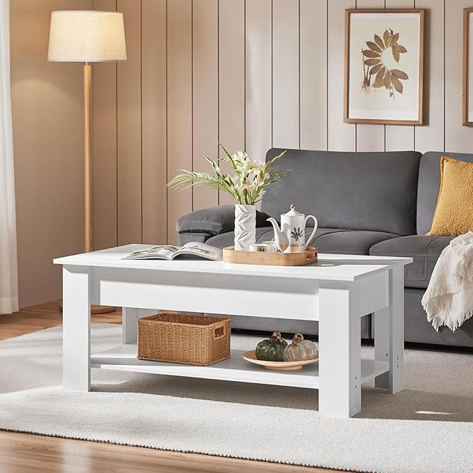 Yaheetech Lift Top Coffee Table with Hidden Compartment and Storage Shelf, Rising Tabletop Dining Table for Living Room Reception Room, 47.5in L, White
