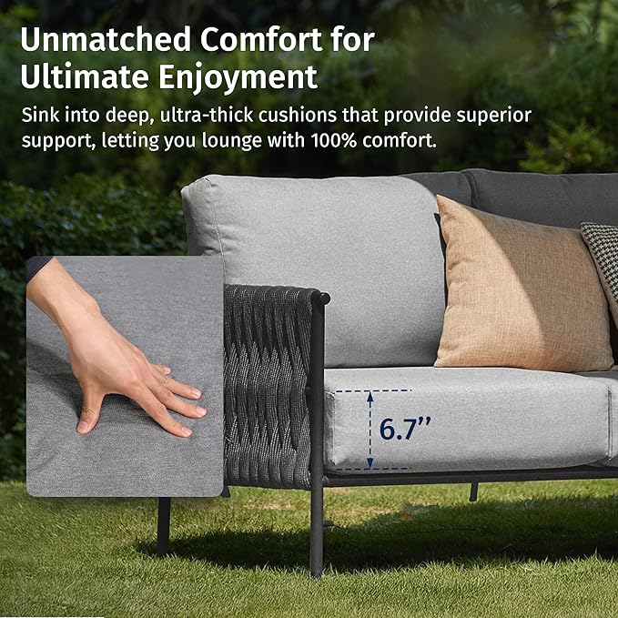 EAST OAK Life Chatter Outdoor Patio Furniture | Outdoor Sofa 3 Seats with Waterproof Thick Cushions | Deep Seating Modern Patio Sofa for Garden, Porch, Balcony & Backyard | Misty Grey