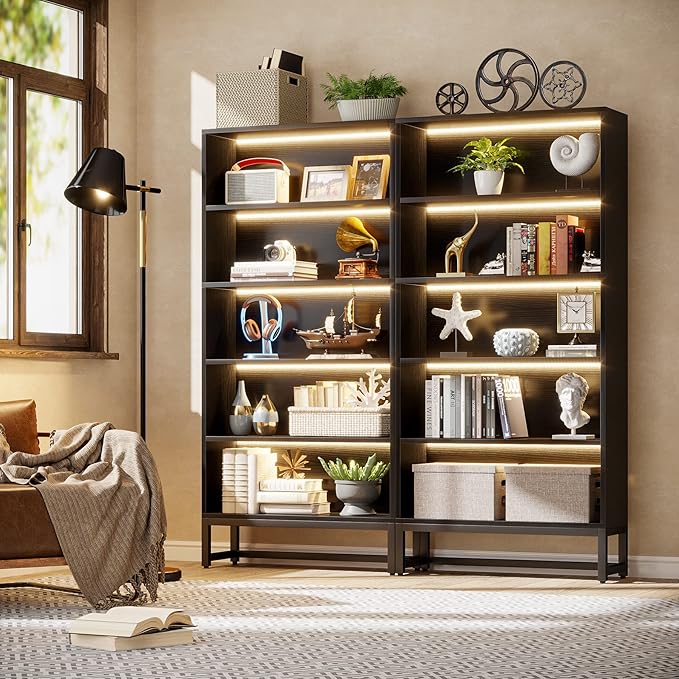 Tribesigns Tall Bookcase Black Bookshelf, 70.8” Large Bookcases Organizer with LED Lights, Heavy Duty Free-Standing Library Bookshelf with 5-Tier Storage Shelves for Living Room, Bedroom (Black)