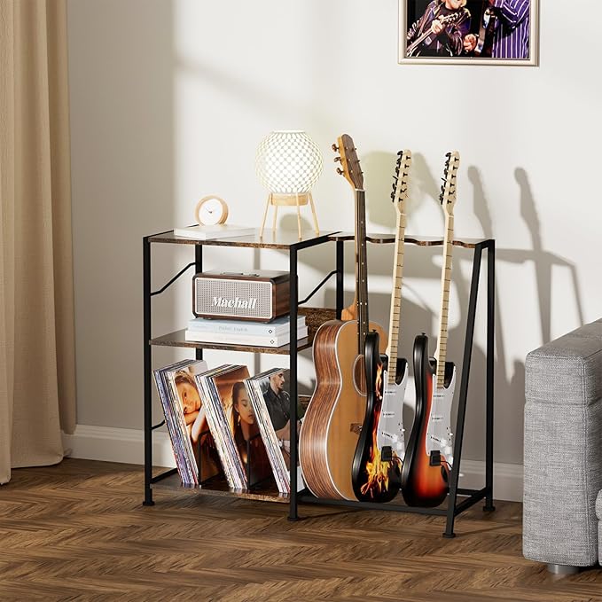 Hosfais 3 Tier Record Player Stand, Guitar Stand for Acoustic, Electric Guitar, Bass Stand, Vinyl Record Storage Up to 200 Albums for Living Room Bedroom, Rustic Brown