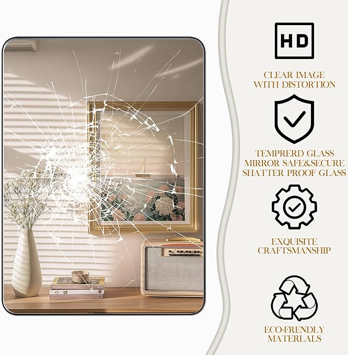50×30 Black Bathroom Mirror, Rectangular Bathroom Vanity Mirror for Wall with Rounded Corners & Aluminum Alloy Frame, Tempered-Glass, Modern, Farmhouse, Horizontal/Vertical, Entryway, Bedroom