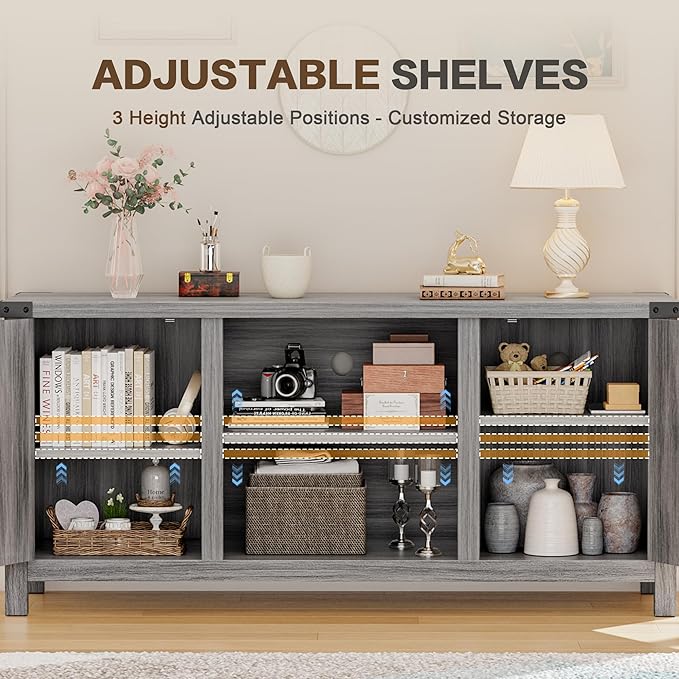 YESHOMY Farmhouse Buffet & Sideboard, 58" Kitchen Storage Cabinet with Adjustable Shelves & Doors, Wood Coffee Bar for Living Room, Entryway, Gray Washed