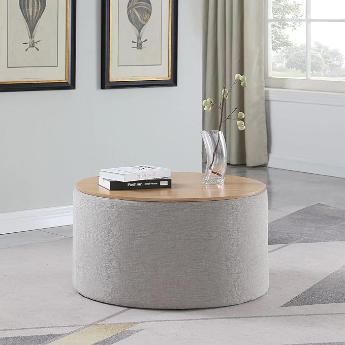 HomePop Storage Ottoman with Wood Grain Top - Light Gray Textured Woven