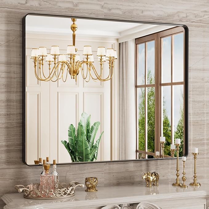 40X32 Inch Black Bathroom Mirror, Black Metal Framed Mirror for Wall, Rounded Rectangle Matte Bathroom Vanity Mirror with Tempered Glass, Anti-Rust, Horizontal/Vertical