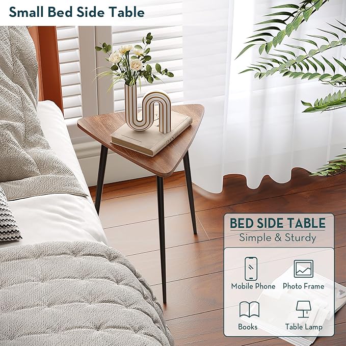 SAYGOER Small Triangle Side Table, Mid Century Modern Walnut End Table, Unique Night Stand Bedside Table Retro Accent Sofa Table for Living Room Bedroom,Medal Black Frame 13.5" W x 12.3" D x 17.7" H
