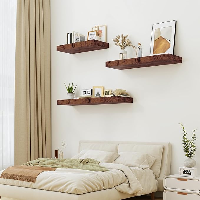 Heimlove Rustic Brown Bathroom Shelves Floating Shelves for Wall Shelf Over Toilet Long Wall Mounted Modern Farmhouse,48 x 12 Shelves with Invisible Brackets for Living Room, Kitchen, Bedroom