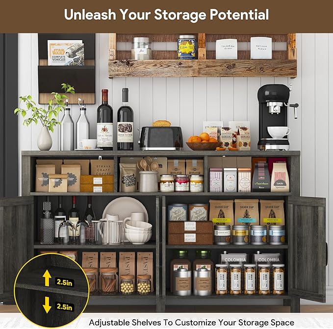 Buffet Sideboard with Storage Farmhouse with 4 Doors, 55'' Large Kitchen Storage Cabinet Wood Coffee Bar Cabinet Buffet Table with Shelves for Kitchen, Dining Room, Entryway (Gray, 55in)