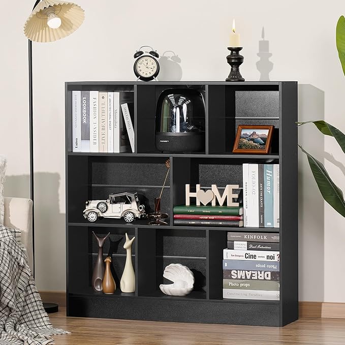 YAHARBO Black Wide Bookshelf,3 Tier Modern Horizontal Bookcase,Wood Low Bookshelves Display Storage Cabinet with Base,Floor Standing 8 Cube Large Bookcases Organizer for Bedroom,Living Room,Office