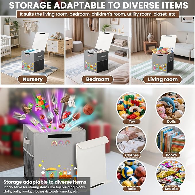 40L Large Toy Storage Box with Lid, Large Toy Box Chest for Kids, Girls and Boys, Nursery Room and Living Room, 13"x13" x16" (grey-train)