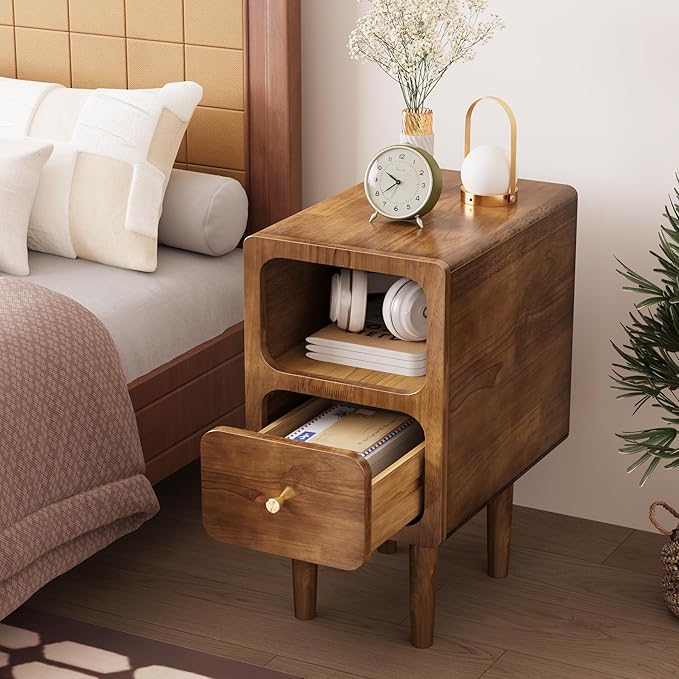 Narrow Nightstand, Solid Wood Night Stand with Drawers, Walnut Mid Century Modern Nightstand, Small Beside Table with Open Storage Shelf for Bedroom (12 inch)