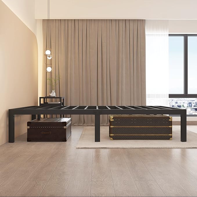 MAF 16 Inch Queen Bed Frames with Round Corner Legs Mattress Slide Stopper No Box Spring Needed Heavy Duty Metal Platform Bed Frame Under-Bed Storage Space, 3000 LBS Steel Slats Support