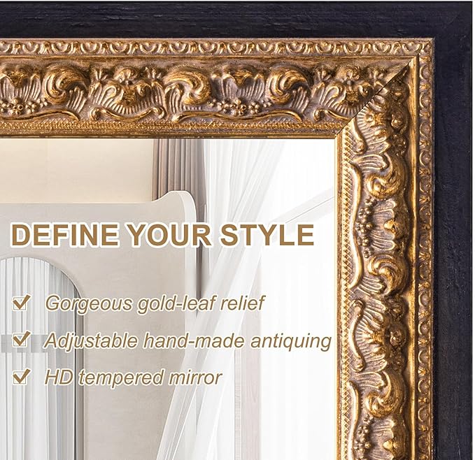 51.5”x28” Black Large Vintage Mirror, Ornate Baroque Decorative Mirror, Gold Foil Carvings Wooden Frame, Handmade Aging, for Dining Room, Fireplace, Bathroom and Bedroom