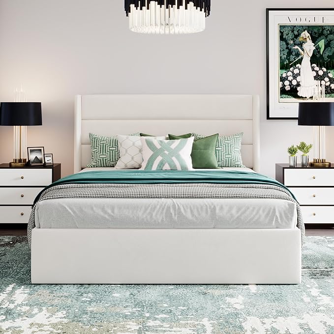 SHA CERLIN Full Size Lift Up Storage Bed/Velvet Upholstered/Modern Wingback Headboard/Upholstered Platform Bed Frame/Hydraulic Storage/No Box Spring Needed/White