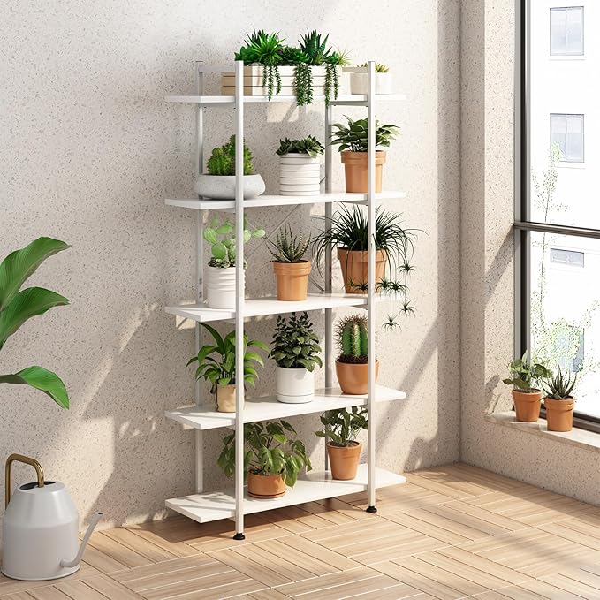 Bookshelf 5 Tiers White Wooden Storage Shelf,Modern Open Display Storage Bookcase Book Organizer,Metal Bookshelf Standing Storage Shelf Tall Shelving Units for Home Office Study