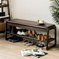 Shoe Bench, Entryway Bench with Leather Cushion, Solid Wood Shoe Rack, Mid Century Modern Bench, Shoe Storage, Shoe Organizer for Entryway (Brown, 39.4" W)