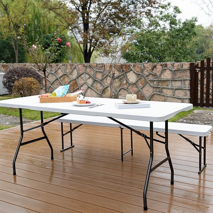 Folding Table 6FT HDPE 6 Foot Foldable Table Portable Banquet Surface Fold-in-Half Desk Utility for Working Meeting Parties, Picnic, Camping, Weddings, Catering, Garden Dining-White
