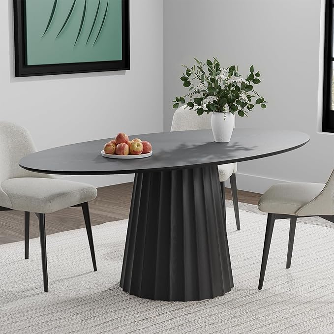 Casaphoria 67" Oval Dining Table, Modern Wood Kitchen Table with Cone Shaped Strip Convex Base for Living Room & Dining Room, Easy Assembly Farmhouse Furniture for 4-6, Black