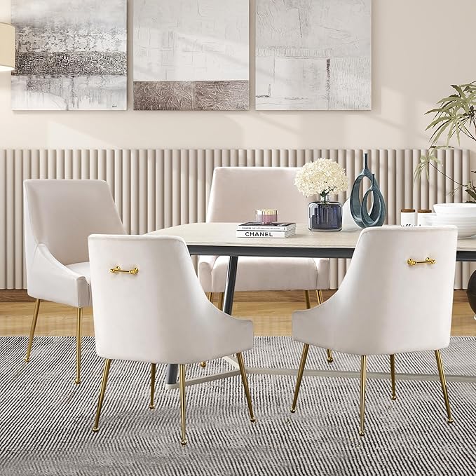 Velvet Dining Chairs, Furniture Collection Modern Contemporary Upholstered with Polished Gold Metal Legs, Set of 4(Beige)