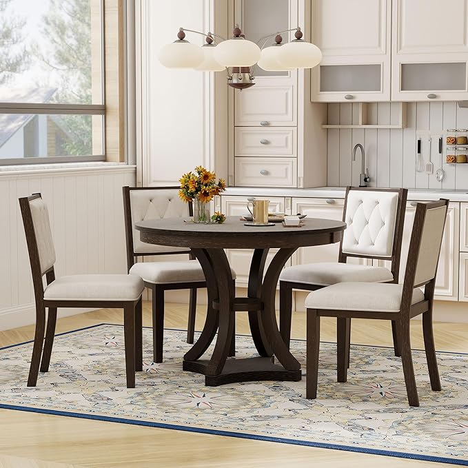 Ball & Cast Retro Dining Table Set for 4 with 4 Upholstered Chairs,5-Piece Wooden Living Room Furniture W/ 42" Round Extendable Kitchen Desk,for Small Space,Apartment,Dining Room,Espresso