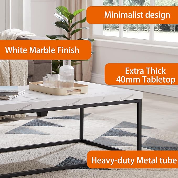 CENSI 18-Inch Marble Accent End Table/Side Table for Living Room, Modern Industrial, Square, Metal and Wood (White Marble)