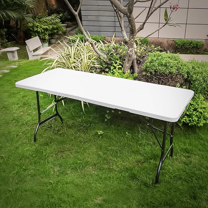Athena Collection 6 ft Square Folding Dining Table, Large Plastic Foldable Table Portable with Carry Handle, Heavy Duty Fold-in-Half Utility for Indoor Outdoor Party Camping Picnic, White