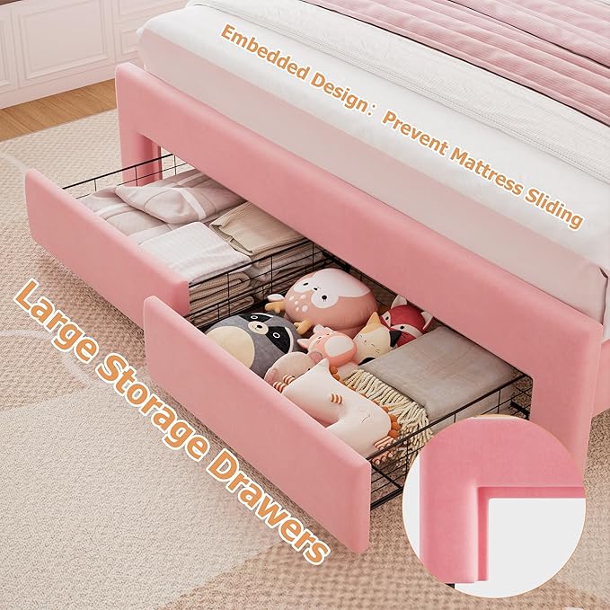 Queen Upholstered LED Bed Frame with 2 Storage Drawers and Adjustable Chic Double Wavy Headboard, Velvet Princess Platform Bed with Charing Station, Solid Wood Slats Support,No Box Spring Needed, Pink