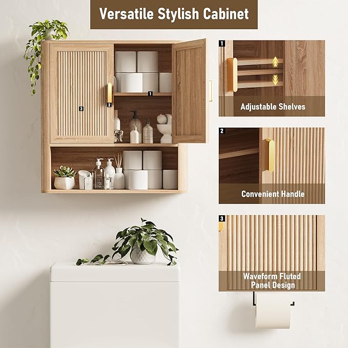 Bathroom Storage Cabinet, Medicine Cabinet with Adjustable Wood Shelf & Doors, Over The Toilet Storage Cabinet for Laundry Room & Kitchen & Living Room (Natural Oak)