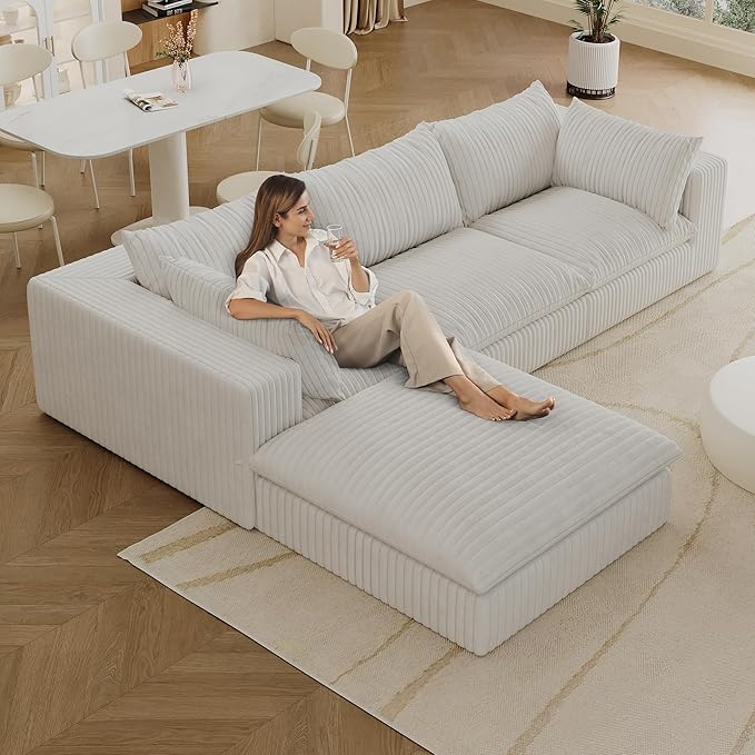 118.2" L Shaped Modular Sectional Cloud Couch with Ottoman, Plush Corduroy Upholstered Compression Sofa, 4-Seat Deep Seat Boneless Sofa Couches with Throw Pillow