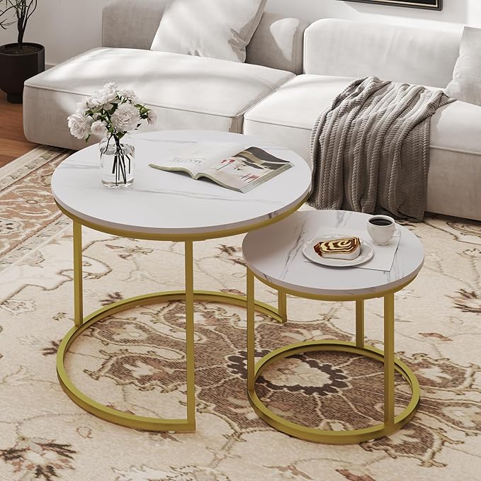 Nesting Tables Set of 2, Round Coffee Table, Small Nesting Coffee Table with Adjustable Non-Slip Fee, White Marble Top Stack Nesting Tables Set of 2 for Living Room, Bedroom (White)