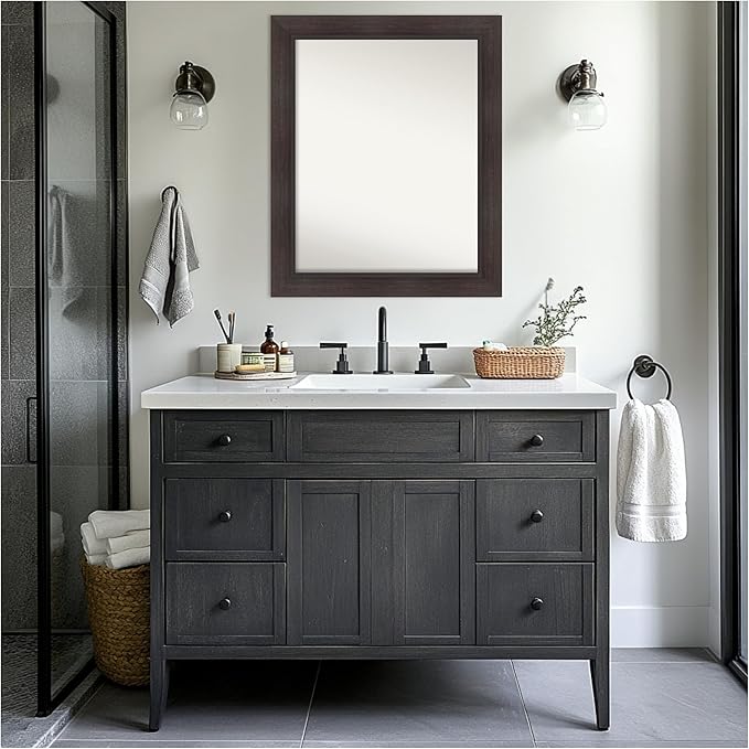 Amanti Art Brown Bathroom Mirror for Over Sink, 28x34 Sloped Espresso Rectangle Vanity Mirror, Large Modern Contemporary Frame, Hangs Horizonally and Vertically, Bathroom Wall Decor, Non-Beveled Edge