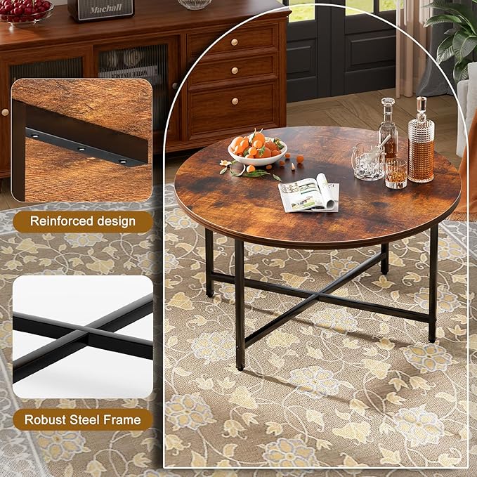 Round Coffee Table, 31.5" Circle Coffee Table，Modern Round Coffee Tables Living Room, Large Coffee Table Round for Indoor & Outdoor Use, Office, Patio or Garden, Rustic Brown (31.5" D*17.7" H)