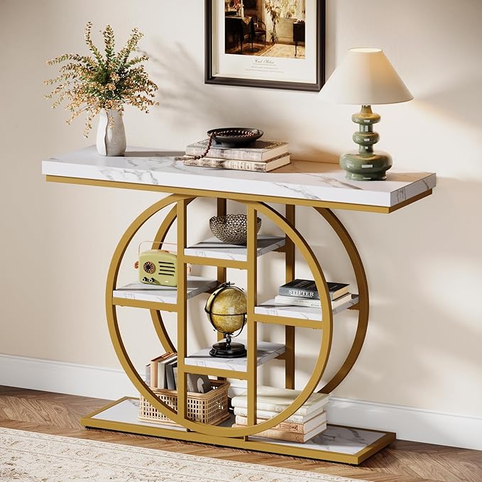 41" Console Table, 4-Tier Entryway Table with Circle Base, Industrial Narrow Wood Sofa Accent Tables with Storage Shelves for Living Room, Hallway, Foyer (White Gold)