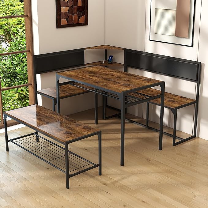 Corner Dining Table Set for 4-6, Breakfast Nook Table Set with Charging Port, Corner Kitchen Table with Storage & Bench, Farmhouse Corner Dining Table Set for Dining Room, Kitchen - Brown