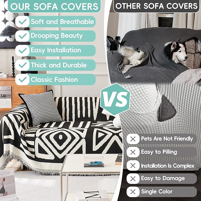 STACYPIK Durable Boho Couch Cover for Dog Anti-Scratch Black White Triangle Sofa Cover for 2 Cushion Couch Anti Slip L Shaped Couch Cover Reversible Loveseat Covers Multi-Use Sofa Throw Cover-91X118IN