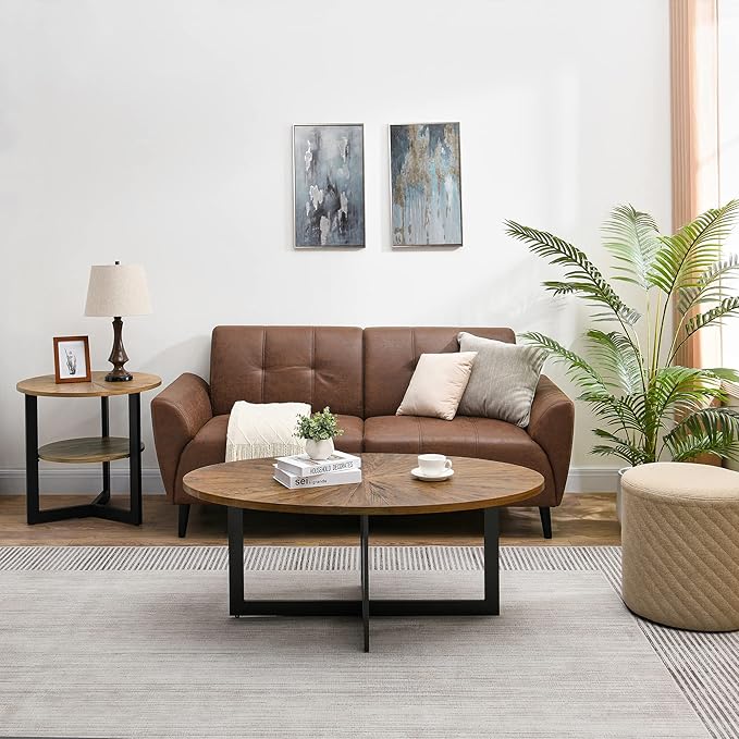Solid Wood Oval Coffee Table with Cross Metal Legs, 47.9" Industrail Bar Cocktail Table for Living Room Kitchen Office Sofa Table Bristro Table for Cafe/Bar Rustic Brown 1831