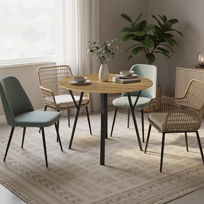 35" Round Dining Table for 4, Modern Small Circle Dinner Table Farmhouse Round Kitchen Tables with Metal Legs for Dining Room, Kitchen, Living Room, Light Brown & Black