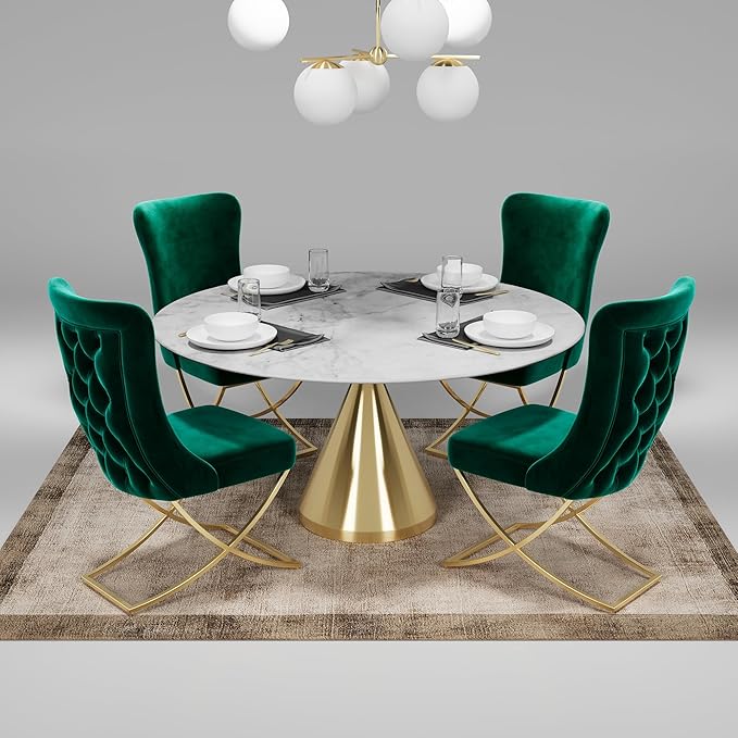 Ottomanson Royal Dining Chairs Set of 6 – Upholstered Tufted Microfiber, Assembled, Gold Metal Legs, Beech Wood Frame, 350 lb Capacity, Green