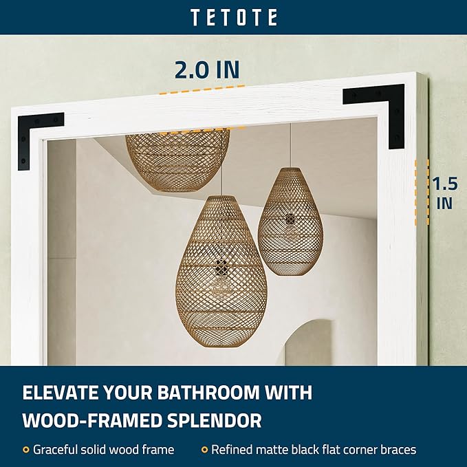 TETOTE 22 x 30 White Wood Framed Mirror for Bathroom Wall/Bedroom/Living Room/Entryway Farmhouse Rustic Bathroom Vanity Mirror for Wall Waterproof (Horizontal/Vertical Mounted)