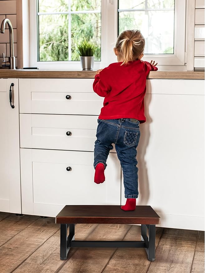 Wooden Step Stool – Heavy Duty One Step Stool for Adults, Supports Up to 500 lbs – Sturdy Wood and Steel Frame with Non-Slip Feet – Safe & Durable for Kitchen, Bathroom, Bedroom & More