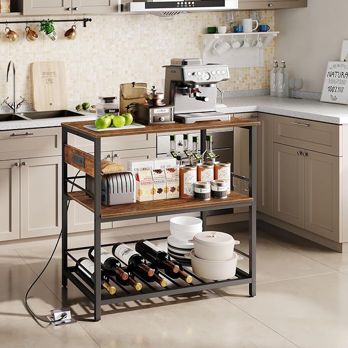 HOOBRO Kitchen Island with Storage, Kitchen Island Table with Power Outlet, 47.2" L 3 Tier Coffee Station and Microwave Stand, for Home, Kitchen and Dining Room, Rustic Brown and Black BF120UZD01