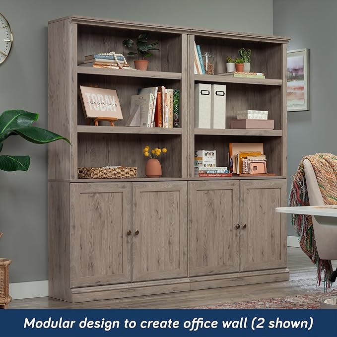 Sauder Miscellaneous Storage 5-Shelf Bookcase with Doors, L: 35.28" x W: 13.23" x H: 69.76", Laurel Oak Finish