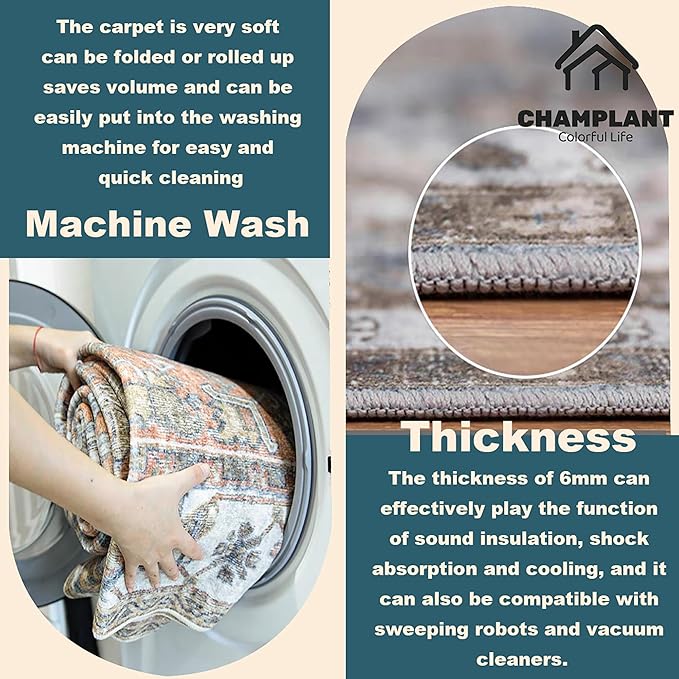Area Rug 10x14 Washable Orange Gray Vintage Traditional Mat Distressed Indoor Foldable Thin Retro Accent Floral Non Slip Carpet for Living Room Dining Room Office